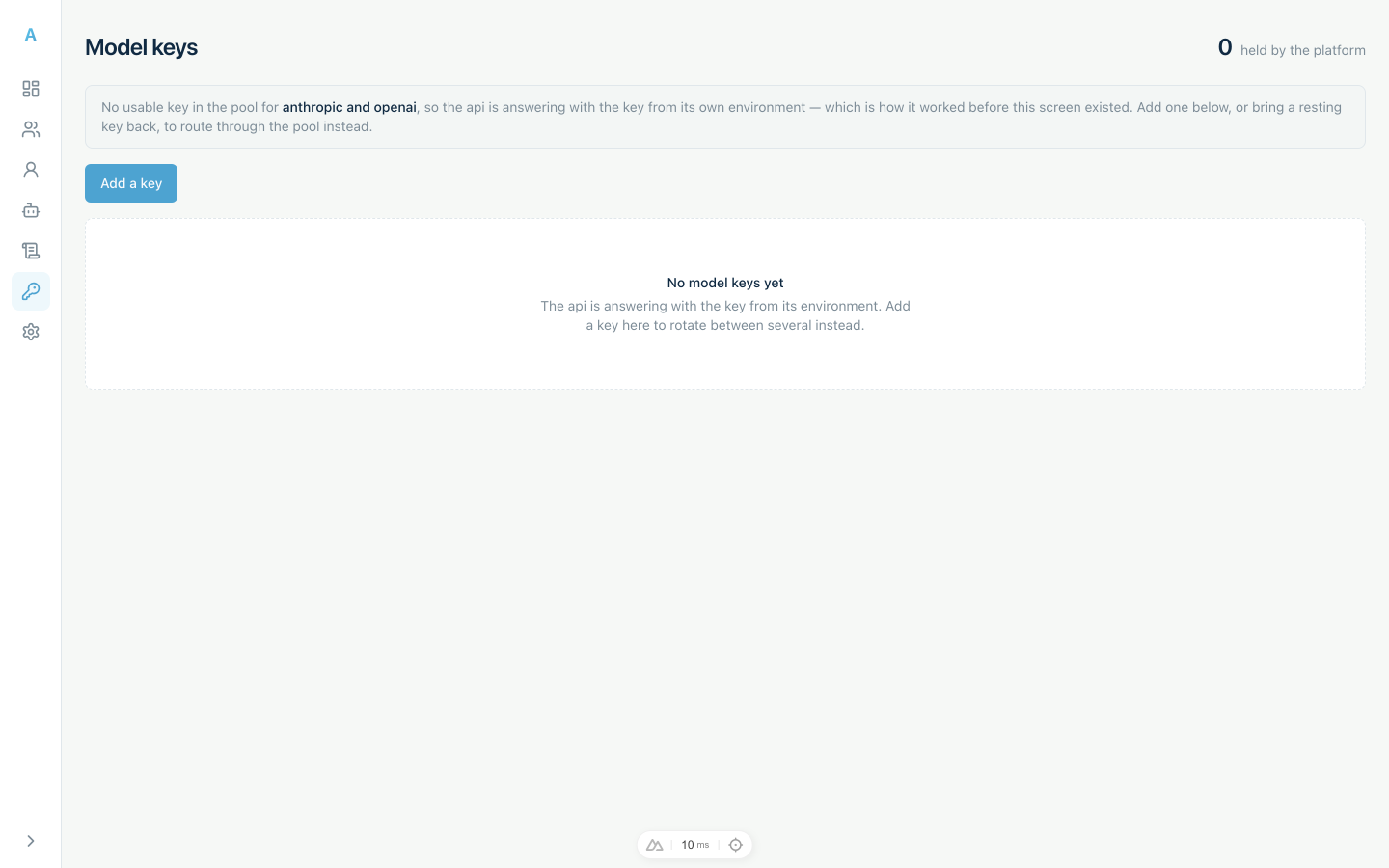 The model-key screen with an empty pool: the api is answering from its environment key